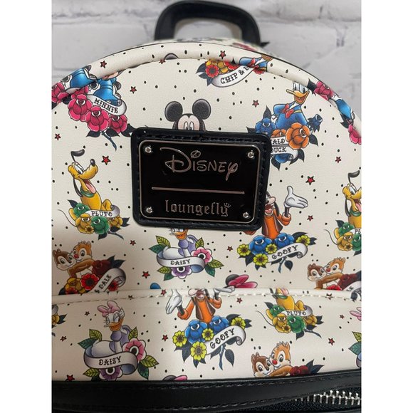 Loungefly Disney Mickey And Friends Tattoo Mini Backpack White Black Bag NEW - Picture 3 of 11